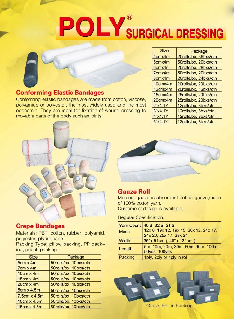 surgical dressing -conforming elastic bandages, gauze roll, crepe bandages, non-sterile gauze swabs, sterile gauze swabs, cotton roll, lap sponges, sterile lap spinges, gauze ball,