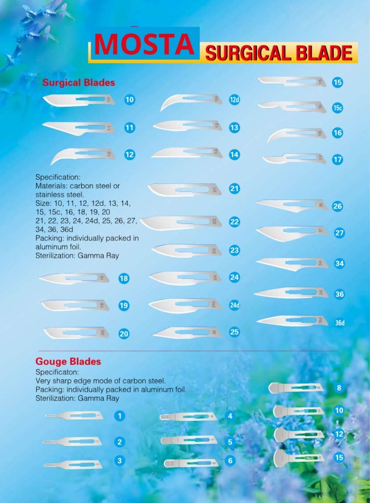 sugical blades-gouge blades, disposable scalpels, stainless steel scalpel handle, stitch cutter, blood lancets, surgical suture