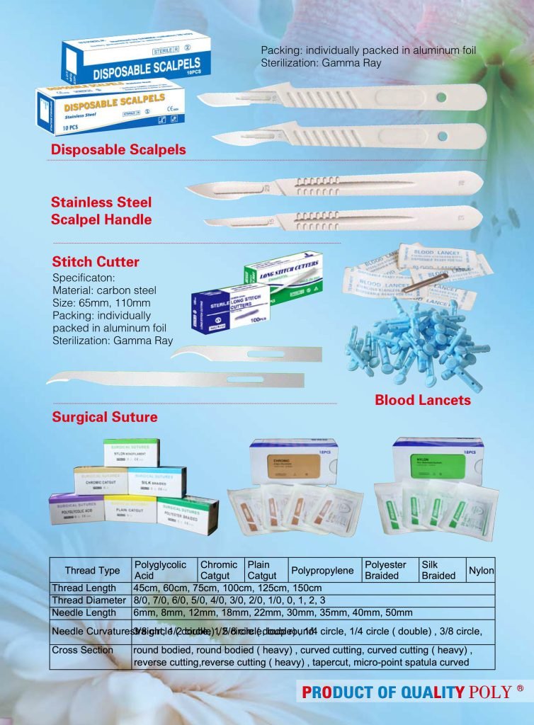 sugical blades-gouge blades, disposable scalpels, stainless steel scalpel handle, stitch cutter, blood lancets, surgical suture