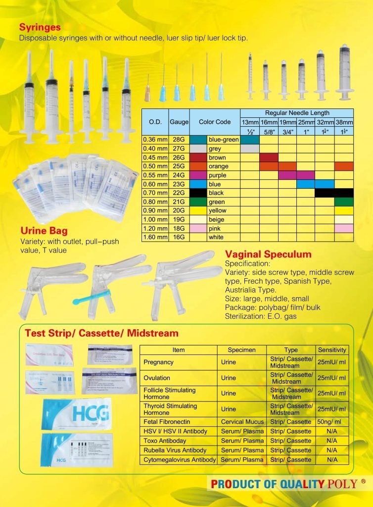 Surgical dressing-syringes, urine bag, vaginal speculum, test strip, cassette, midstream.